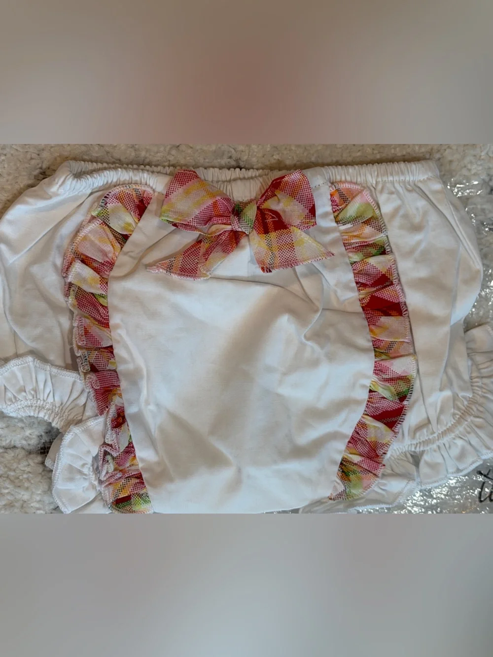 New in bag White Baby Bloomers with Pink Plaid Ruffle and Bow by 31 Kids 0-6mos